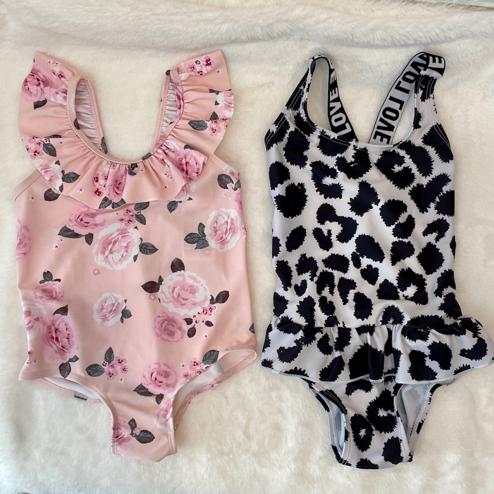 Two Baby Girl Swimsuits Pink Flower (2T) and Black + White Leopard (24mos)